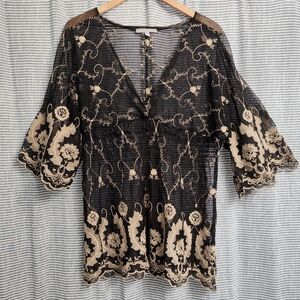 Black Mesh Blouse Cover Up Embroidered Kimono NY Collection 1X Y2K Whimsygoth